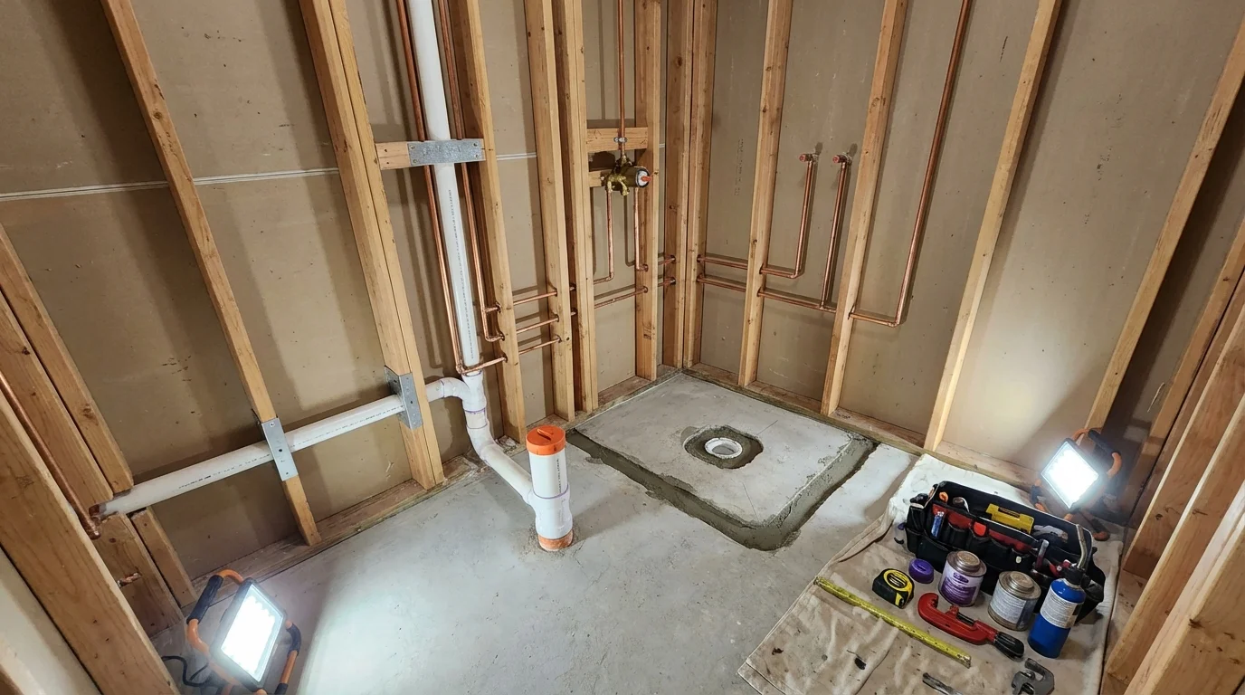 Bathroom rough-in plumbing during remodel by Johns Plumbing LLC in Tewksbury