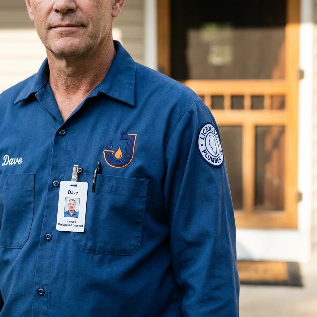 Licensed plumber showing ID badge in Tewksbury, MA