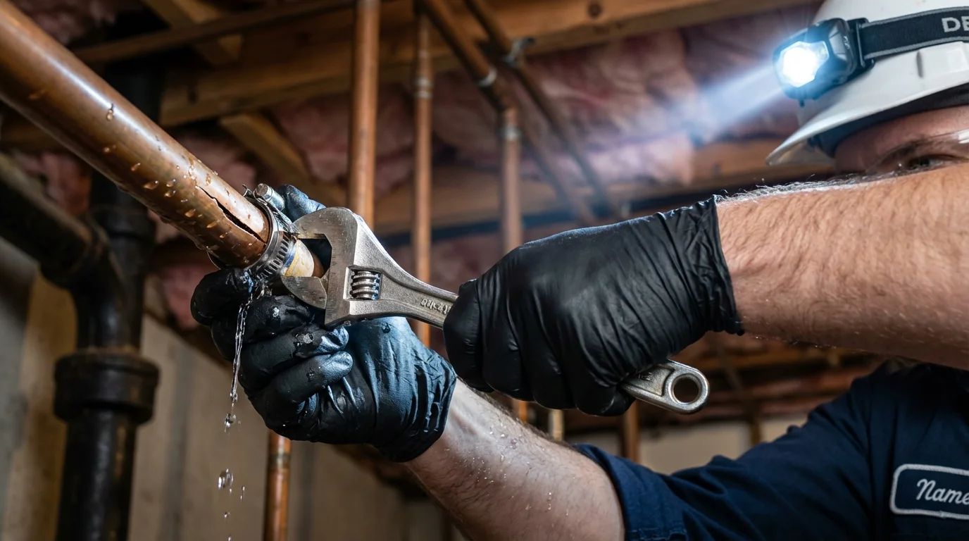 Emergency pipe clamp repair being performed by a Johns Plumbing LLC plumber in Tewksbury