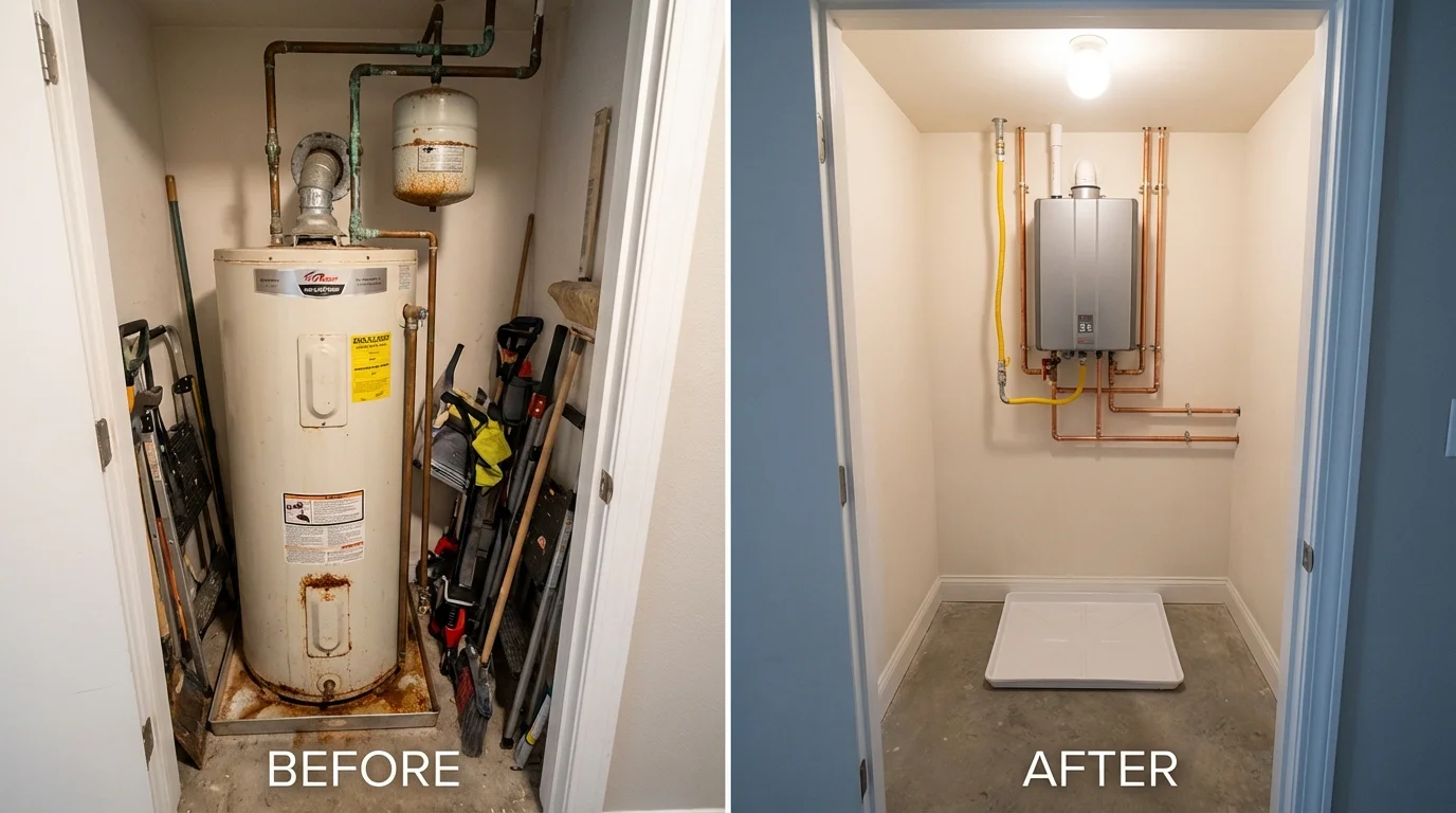 Tank water heater versus wall-mounted tankless unit comparison for Tewksbury, MA homeowners