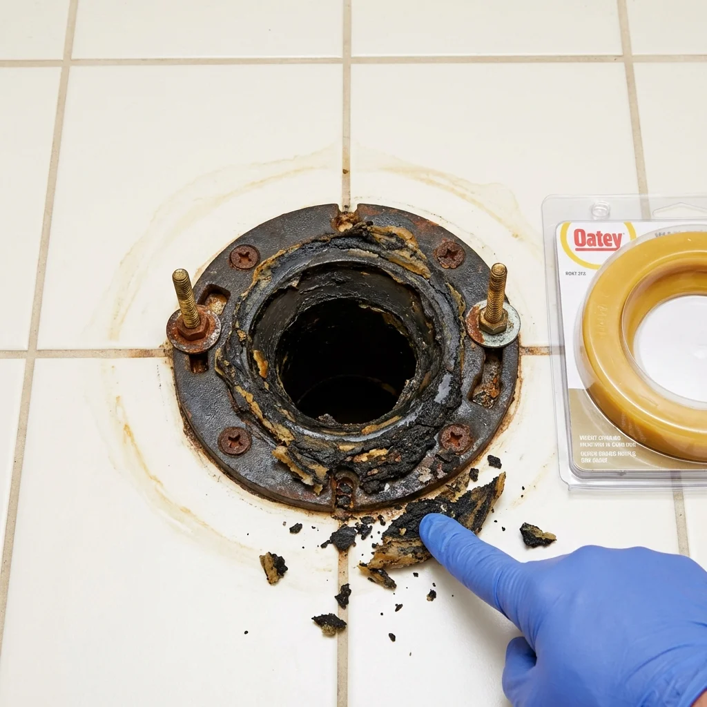 Failed wax ring showing water seepage at the base of a toilet in a Tewksbury, MA home