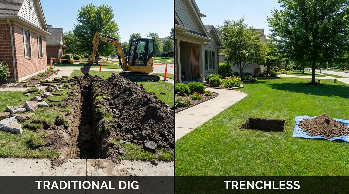 Trenchless sewer repair with minimal yard damage versus traditional excavation in Tewksbury, MA