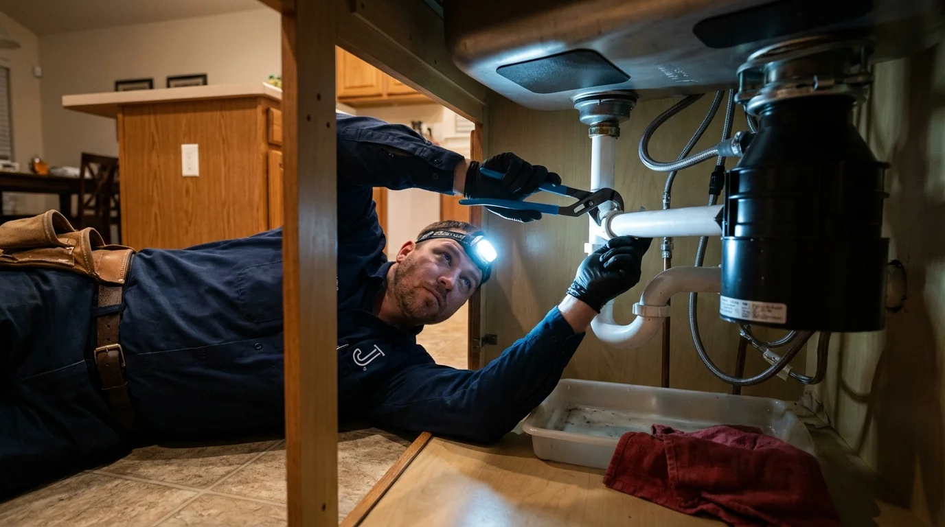 P-trap and supply line connections under a kitchen sink showing a common leak point in Tewksbury, MA